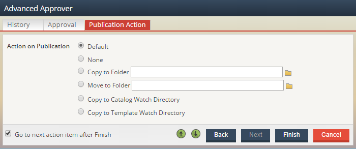 Screenshot of the Publication Action tab of the Advanced Approver Wizard.